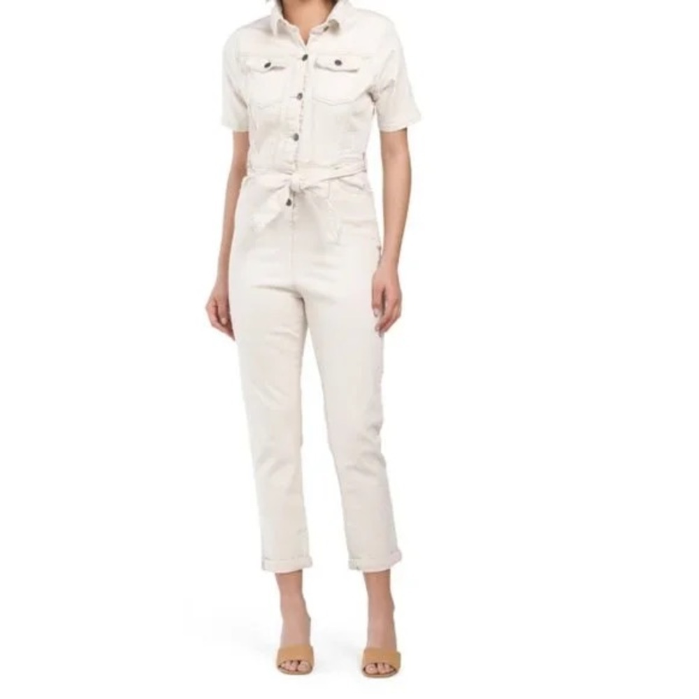 AVEC LES FILLES Tie Waist Denim Jumpsuit Ecru Cream